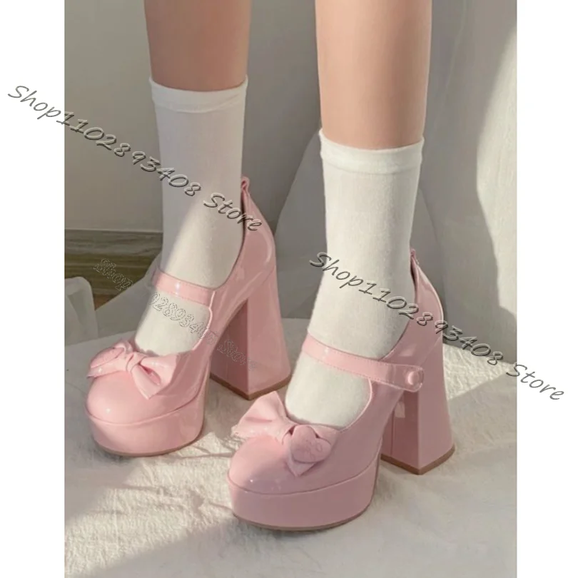 Pink Bow Knot Decor Platform Pumps Chunky High Heels Hook Sweet Pumps Mary Jane Shoes Dress Women Shoes 2023 Zapatos Para Mujere