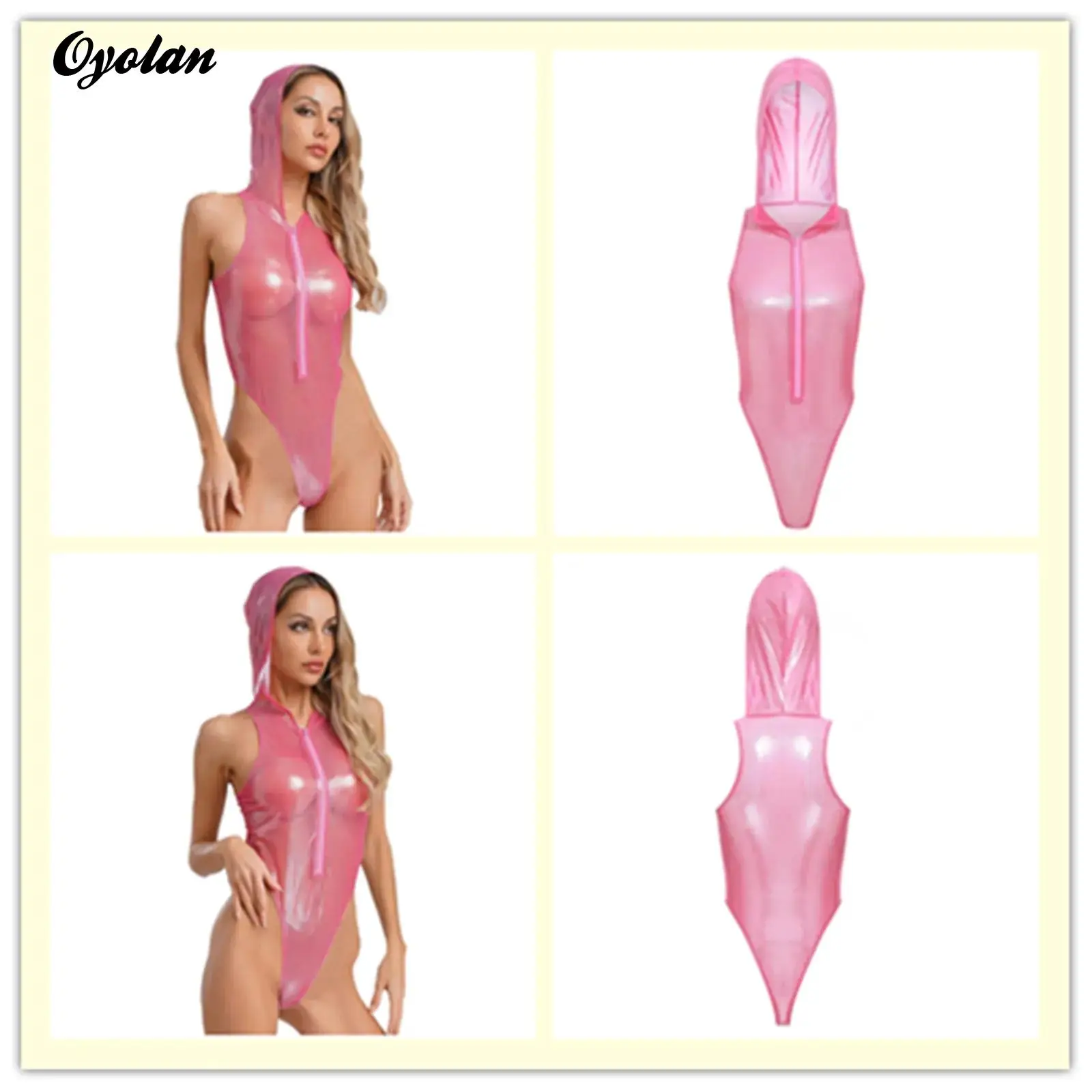 

Womens Lingerie Front Zipper Glitter Sheer Transparents Thong Hooded Bodysuit See Through Glossy Sexy Tights Short Jumpsuit