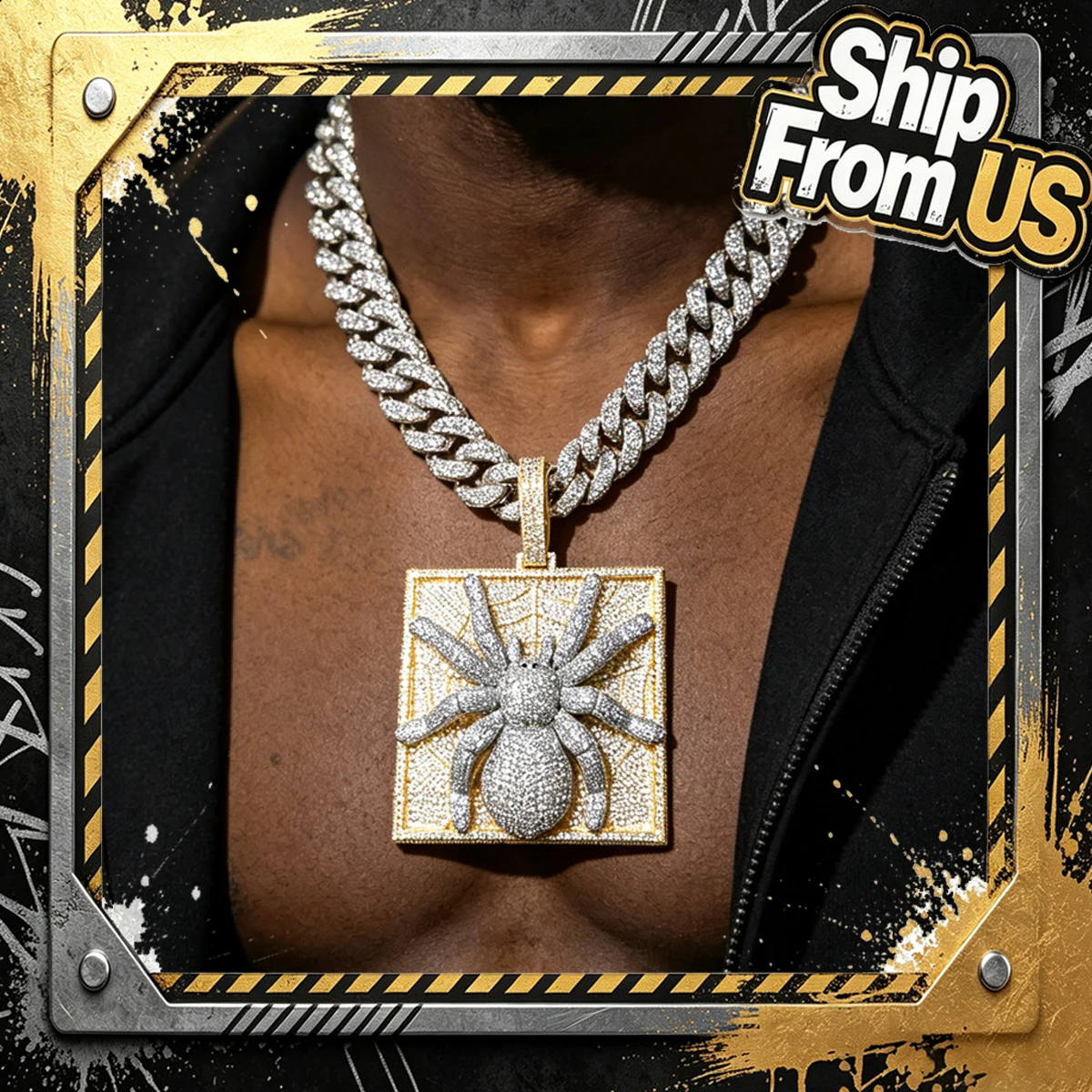 Bling Hip Hop 3D Spider Design Pendant Necklace For Men Women Shiny Sparkling CZ Ice Out Charm 18K Gold Plated Chain Accessory Streetwear Birthday Anniversary Party Daily Fine Jewelry Gifts for Men Boy Friends Rapper Style Singer Trendy Eye‑Catching Wear