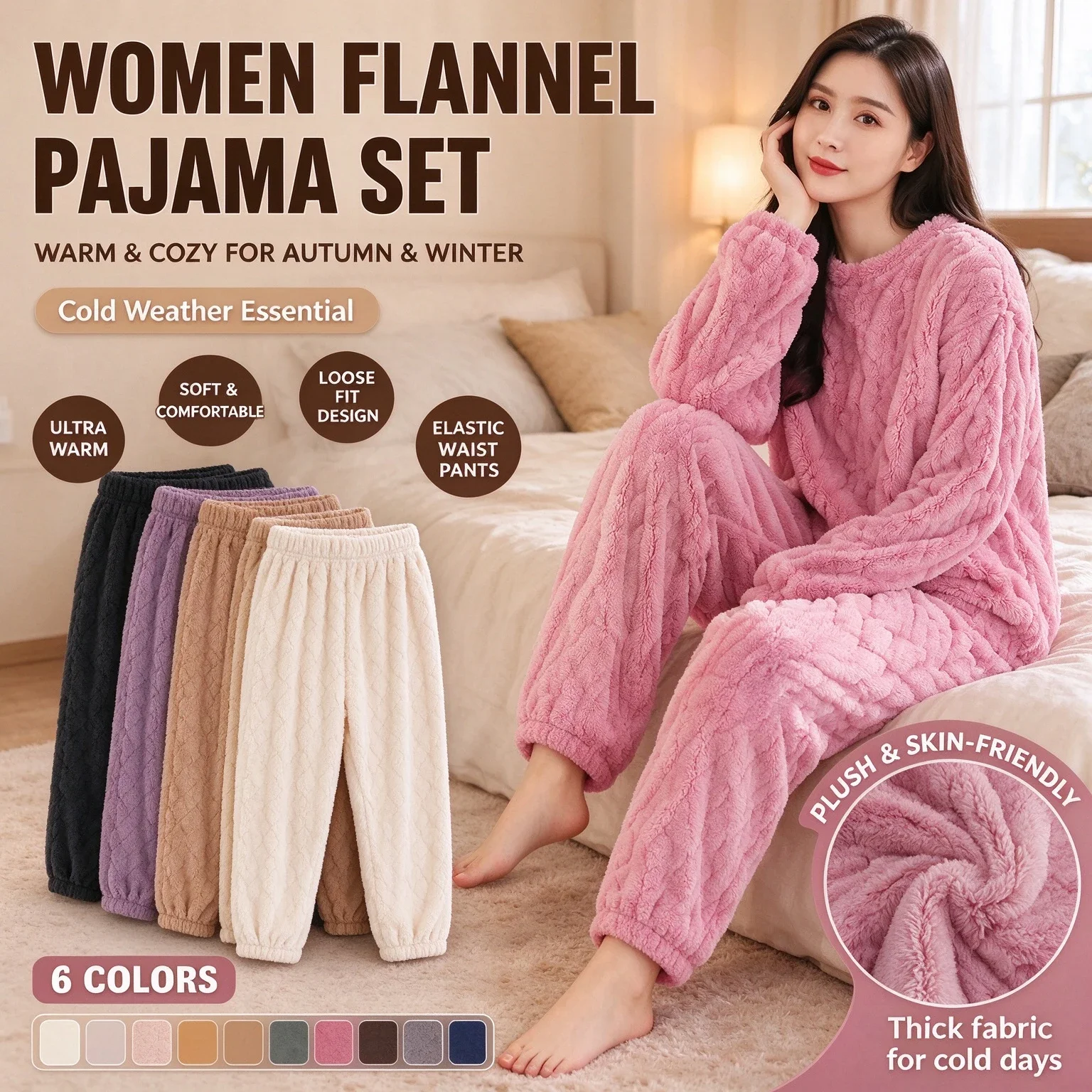 Velvet Pajama Set Women Fleecing Warm Loose Top Elastic Waist Pants Home Casual Warm Woolen Suit Autumn Winter