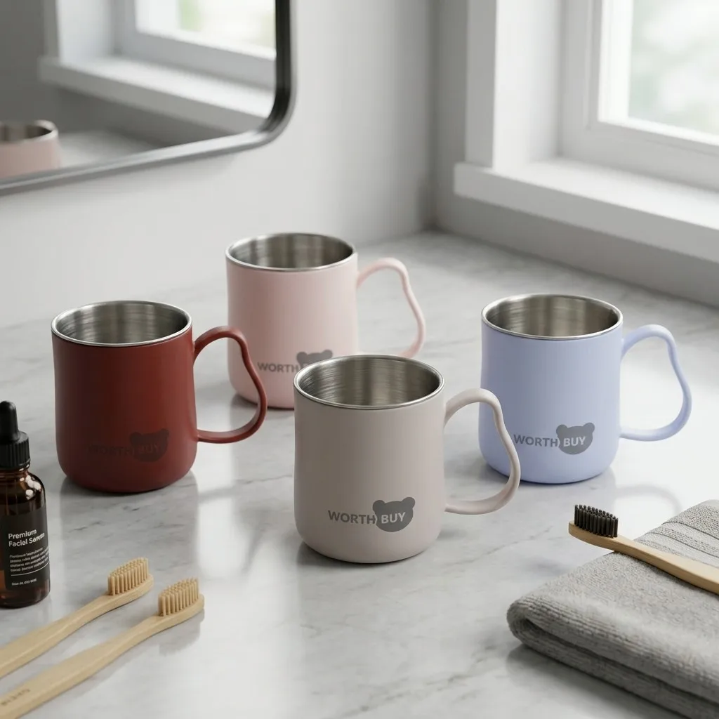 Bathroom Tumbler Cup 304 Stainless Steel Mug Toothbrush Holder Gargle Cup Double Wall Plastic Drinking Cup with Handle for Kids