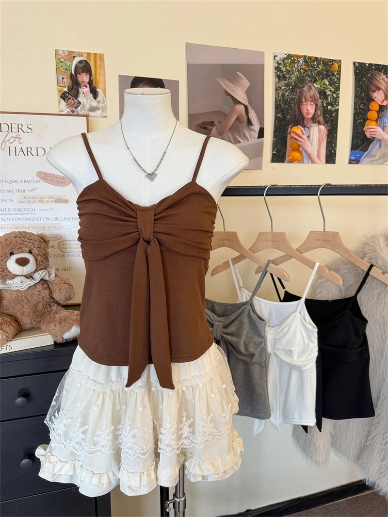Karofi Sommermode Camisole mit Schleifenknoten, Brustpolster, verstellbaren Trägern, schmal geschnittenes Crop-Top, lässige Unterwäsche, Tank-Top A6172 – Detail 3