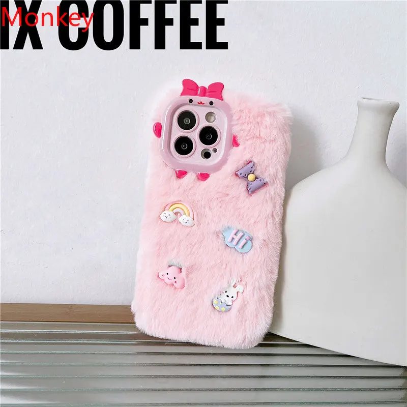 3D Cute Rainbow Rabbit Phone Case For iPhone 14 15 Pro Max Case 12 11 promax Hairy Fur Protective Soft Back Cover for iphone 13