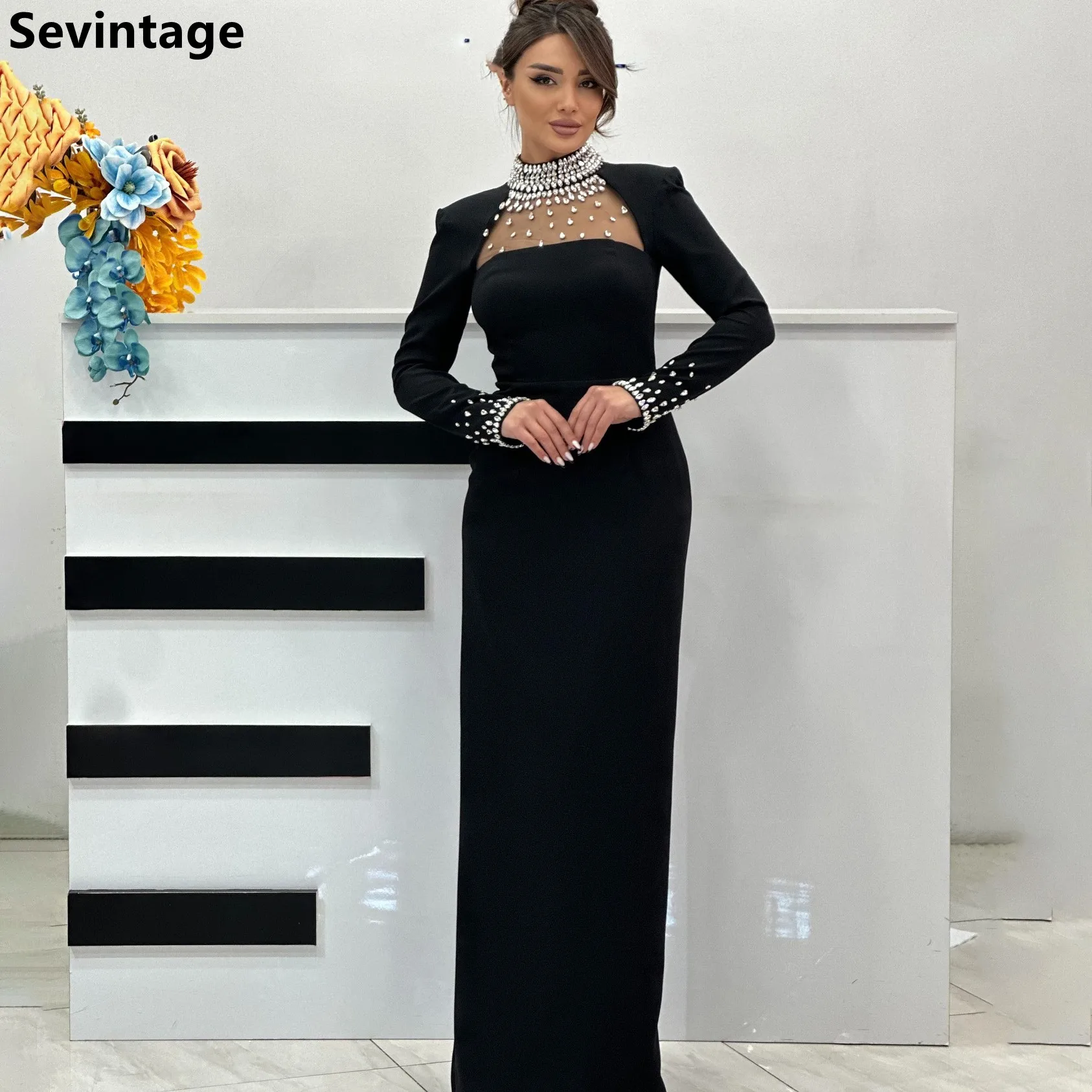 Sevintage Black Satin Evening Dress For Wedding Party 2025 Long Sleeve Beaded High Neck Prom Dress Arabic Party Gown Customized