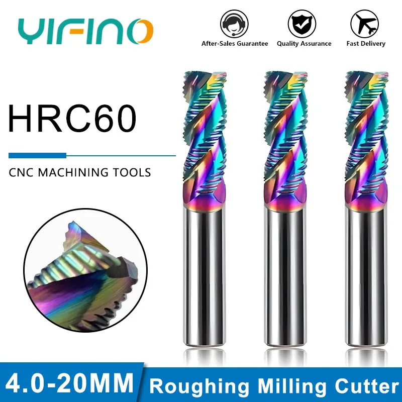 YIFINO HRC60 3-Flute Tungsten Steel Carbide Colorful Coating End Mill For Aluminum CNC Machining Roughing Milling Cutter Tools