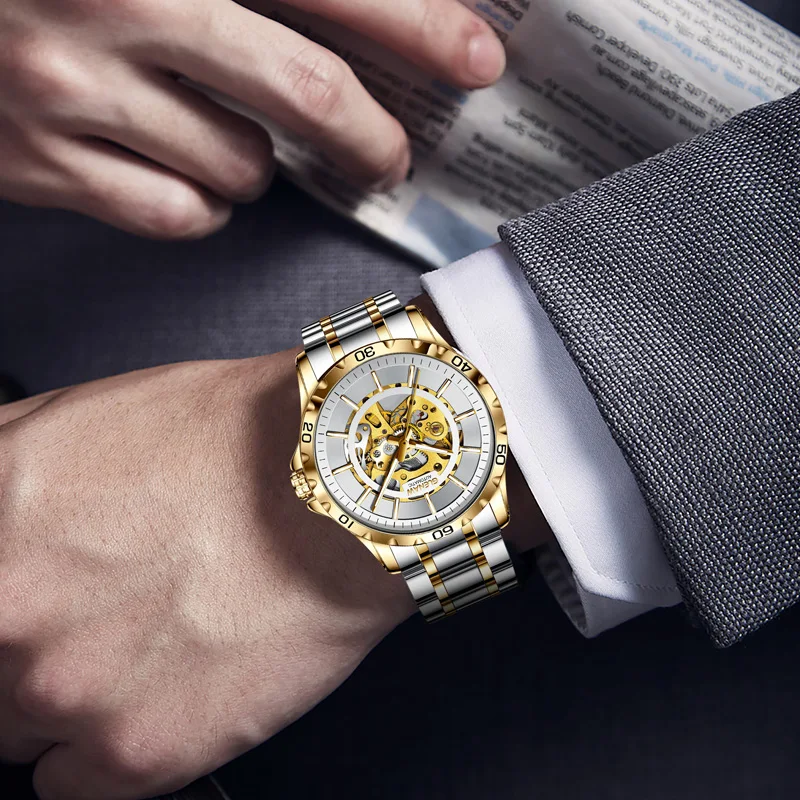 GLENAW-ساعة حركة ميكانيكية أوتوماتيكية بالكامل للرجال ، ستانلس ستيل ، كرونوغراف مقاوم للماء ، ساعة مضيئة ، مقياس الطلب ، ذكر ، رجال