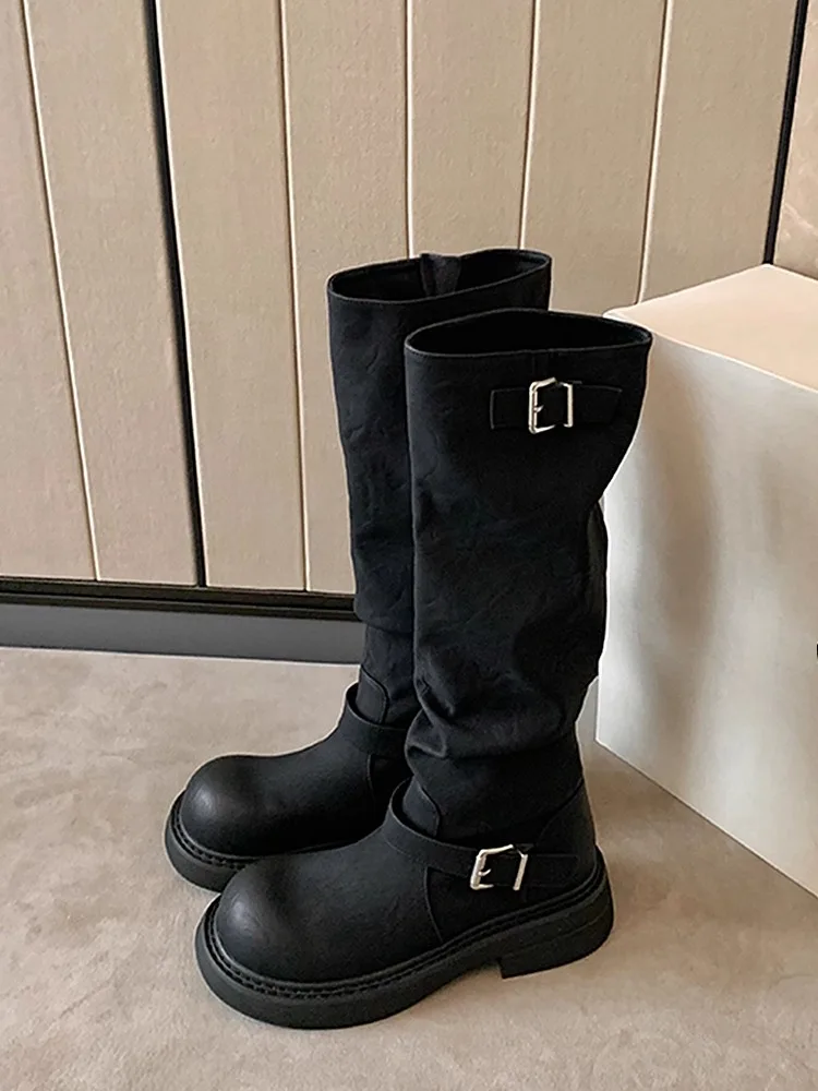 

Retro Style Women Knee High Boots Fashion Luxury Knight Long Boots Platform Heels Autumn Winter Buckle Ladies Mid-Calf Boots