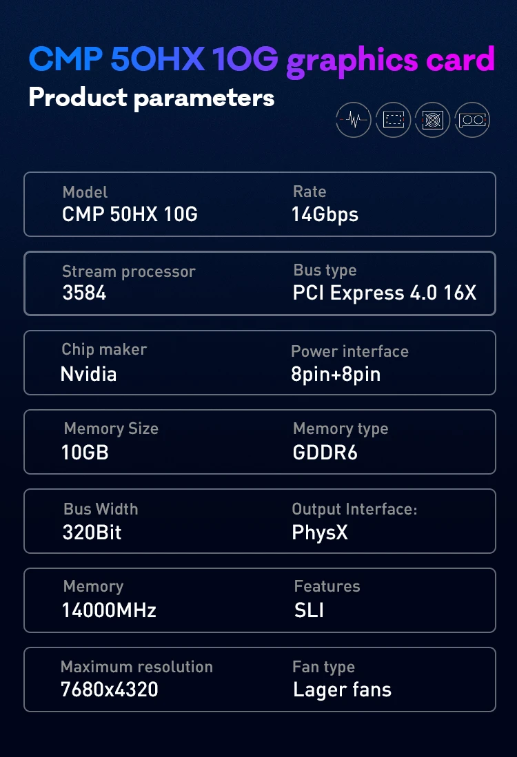 بطاقة الرسومات التعدين مخصصة JIESHUO ، نفيديا تستخدم 50HX10GB ، GTX50HX10GB ، GDDR6X GPU ، الشاحن التربيني ، مروحة توربو ، تبديد الحرارة