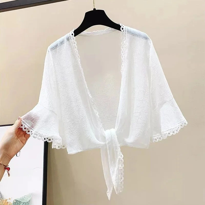 

White Bla Lace Women's f Sve Sugs Cape Summer Sun Protection Faionable Ladies' irt Alternative Fabric 00%