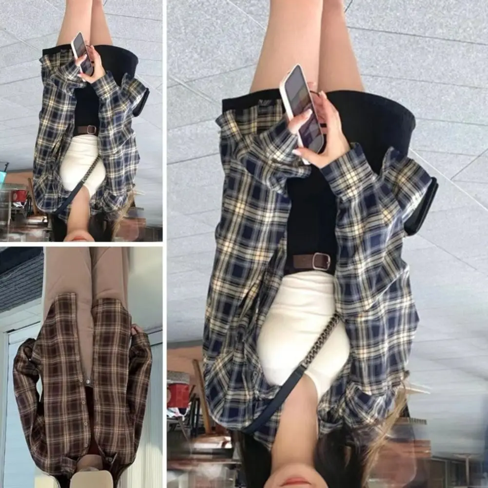 

Fashion New Elegant Women's Shirt Single Breasted Round Neck Casual Commuter Style Mid Length Plaid Print Shirt Tops