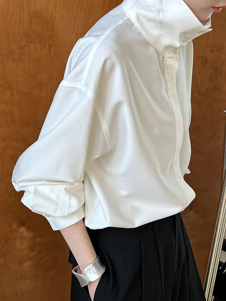 [EAM] Women White Brief Elegant Big Size Blouse New Stand Collar Long Sleeve Shirt Fashion Tide Spring Autumn 2024 1DH6652