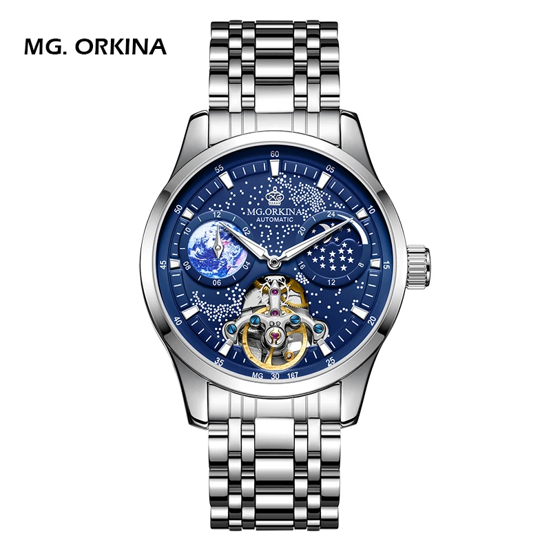 ORKINA Men Automatic Watch Skeleton Tourbillon Starry Dial Mechanical Self Winding Fashion Dress Moon Phase Waterproof Luminous