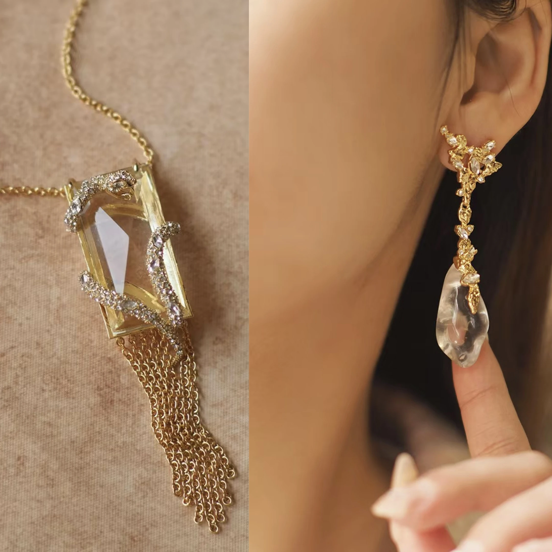 

Italy Luxury Designer Natural White Crystal Tassel Necklace/Drop Dangle Long Earring For Women Niche 14K Gold Filled Jewelry Set