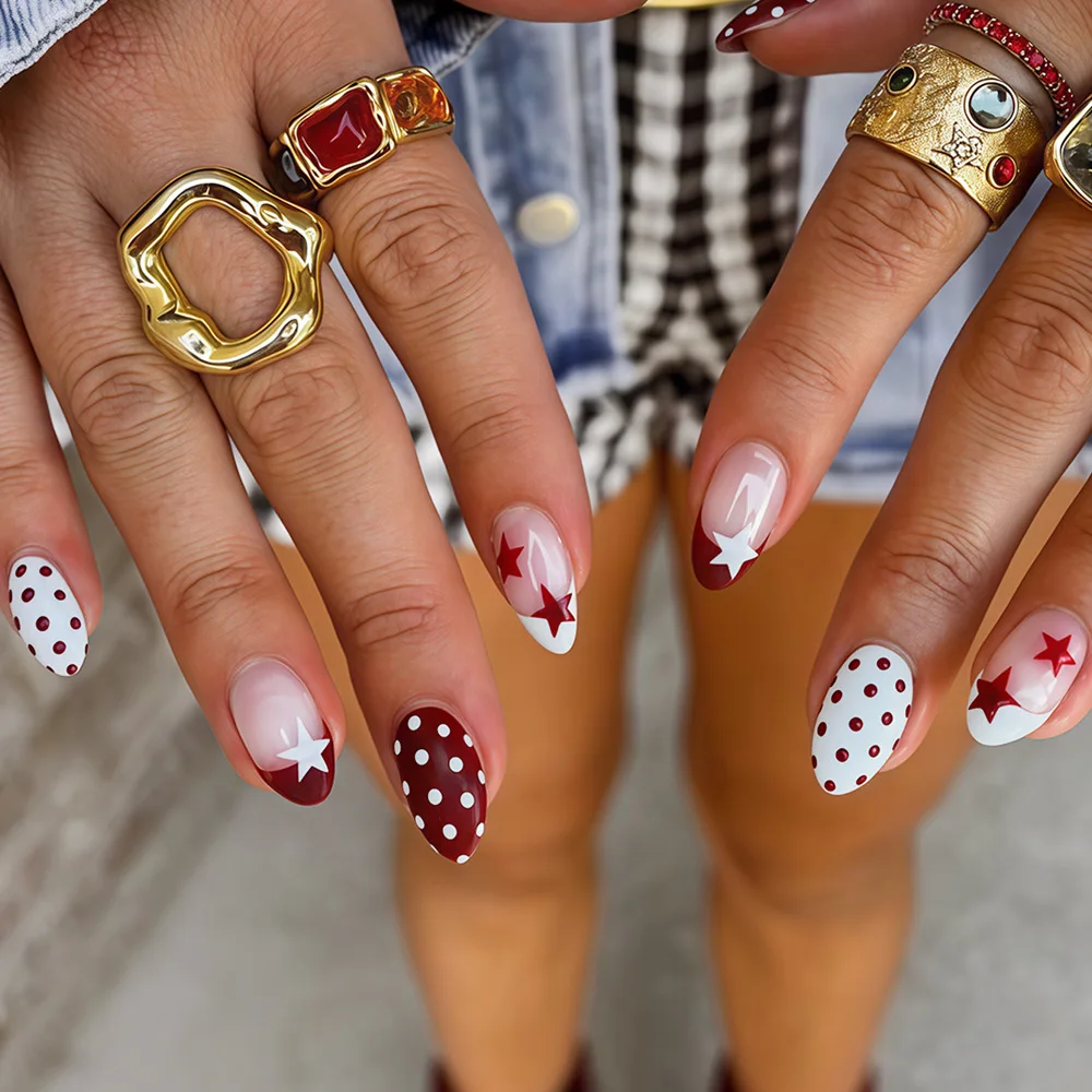 

Retro Red & White Press On Nails, Medium Almond Full Cover Glossy Fake Nails with Polka Dots and Star Accents for Women