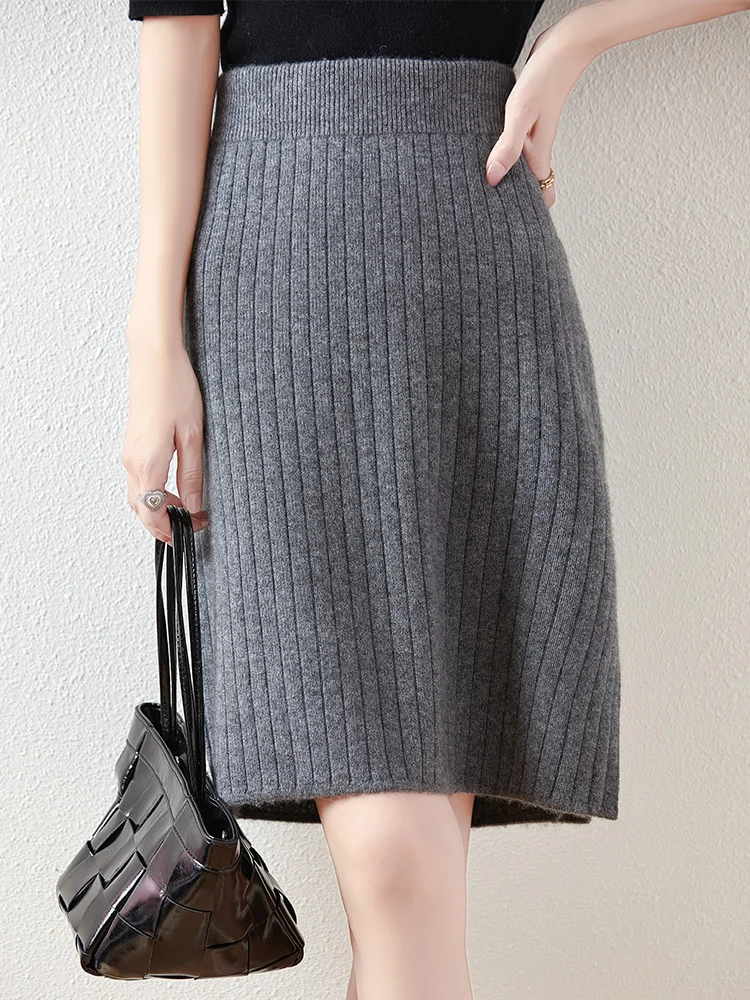 100% Merino Wool Women\'s Knitted Skirt, Mid-Length Skirt, Simple, Loose, Straight, Casual, Versatile, 2024 Autumn/Winter