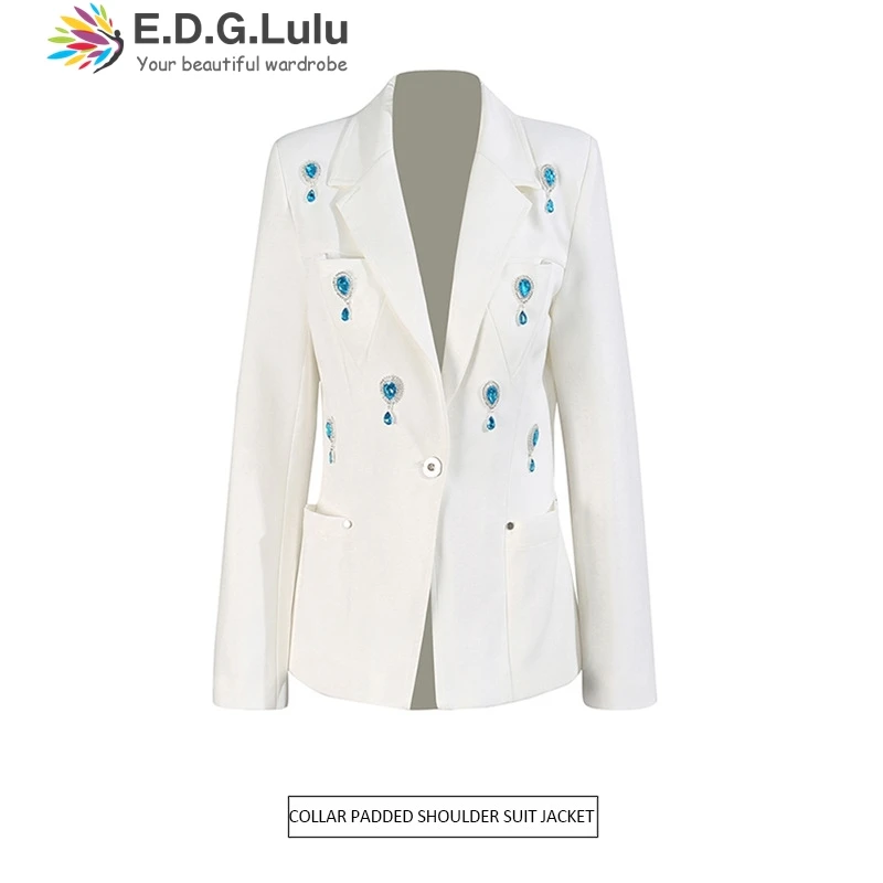 

EDGLuLu Elegant Chic Turn-Down Collar Slim Fit Office Lady Blazer For Women 2025 Autumn New Arrival White Suit Jacke 0814
