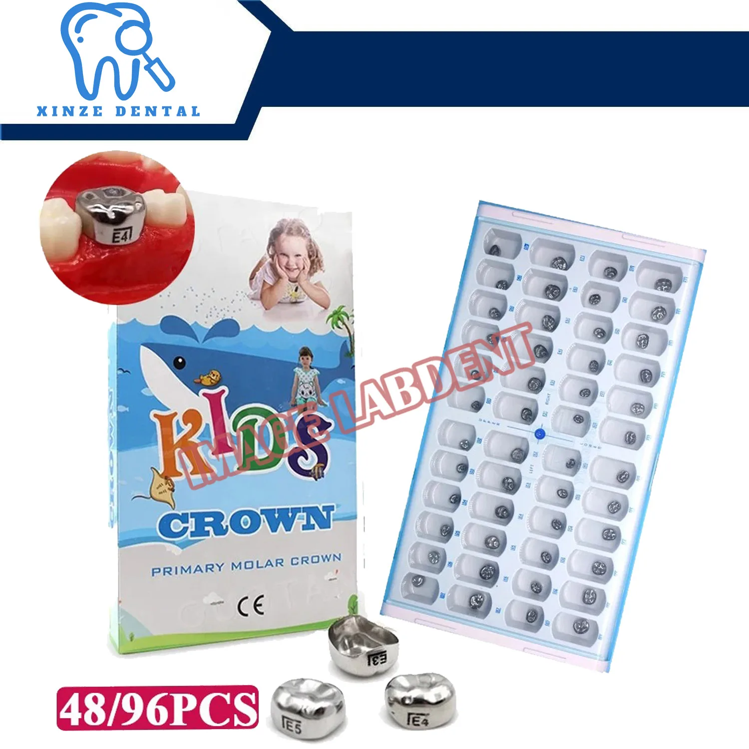 Corona Dental de acero inoxidable para niños, accesorio de ortodoncia para laboratorio Dental, 48 y 96 piezas