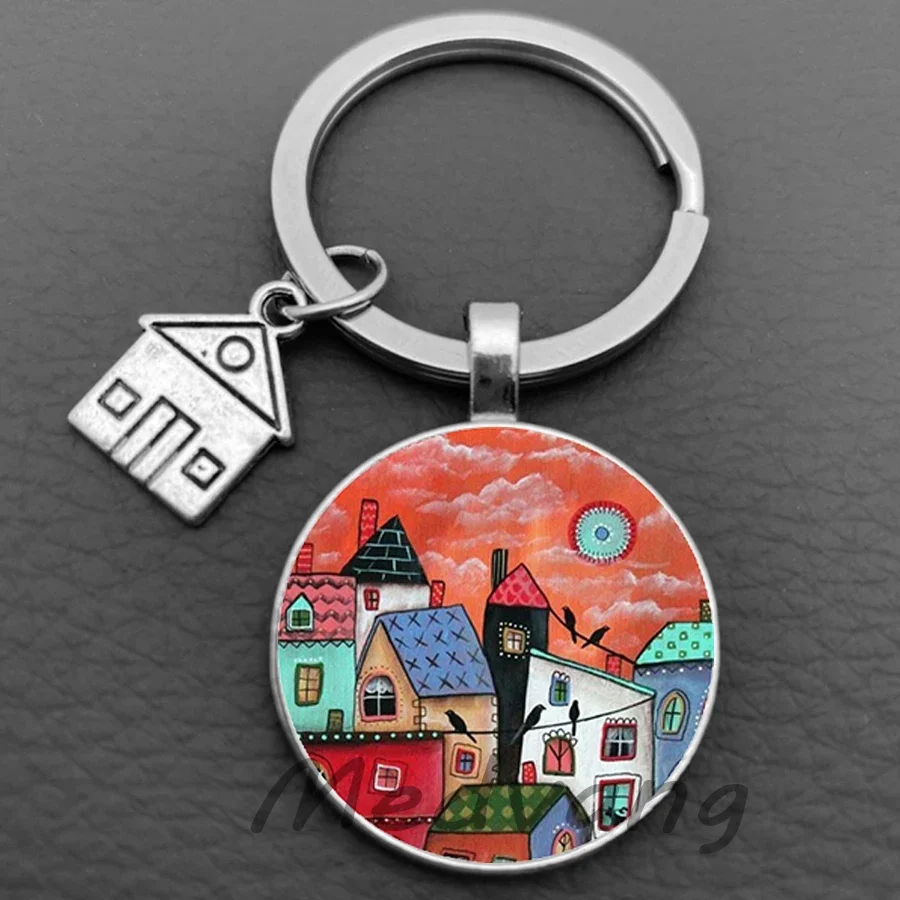 2024 Beautiful House Keychain Abstract Starry Sky Cabin Keychain Personalized Jewelry New Home Gift Keyring