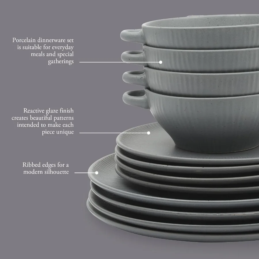 Conjunto de louça de grés Clover Hill, 12 peças, azul escuro, placas e tigelas em relevo com serviço de esmalte reativo moteado fosco para