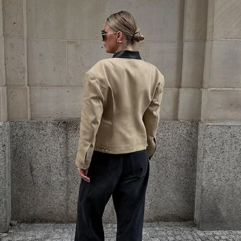 Leather Lapel Collar Double-head Zipper Short Jacket Casual High Street Style Coat 2025 Autumn Fashion Women's Clothing - view 3