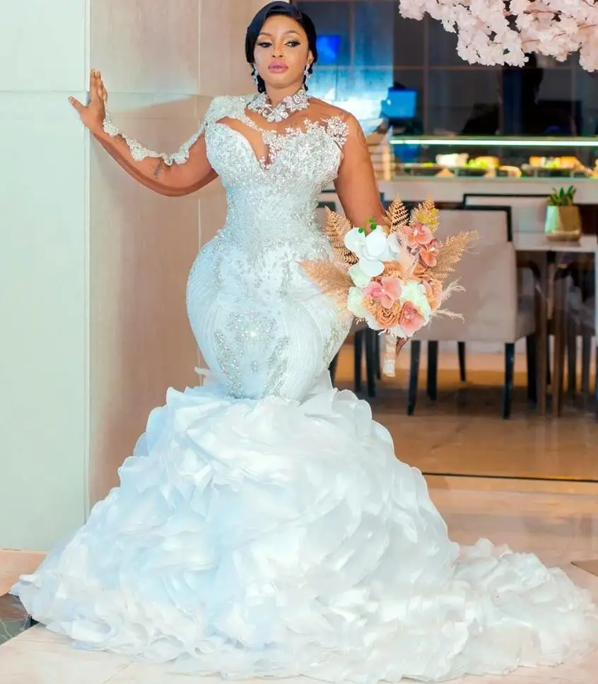 

Arabic Aso Ebi White Mermaid Wedding Dresses Detachable Train gillter customsized Crystals illusion long sleeve Bridal Gowns