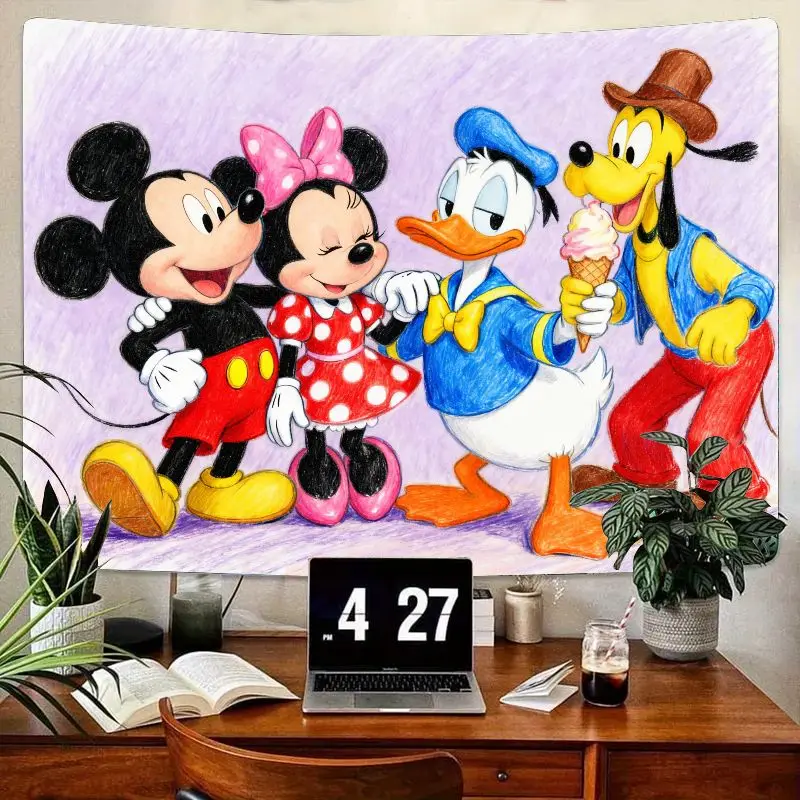 

1 шт. гобелен с героями мультфильмов «Микки и друзья» Диснея, эстетическое настенное искусство Kawaii, домашний декор из полиэстера для детской спальни, гостиной