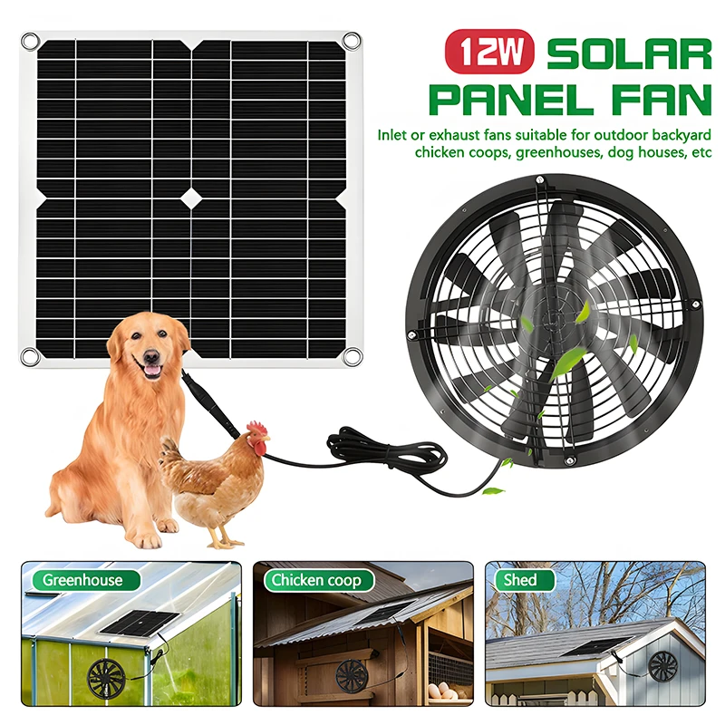 12W Solar Powered Exhaust Fan Kit, Solar Ventilator, Outdoor Air Vent Fan for Chicken Coop Greenhouse Shed Cabin Pet House Windo