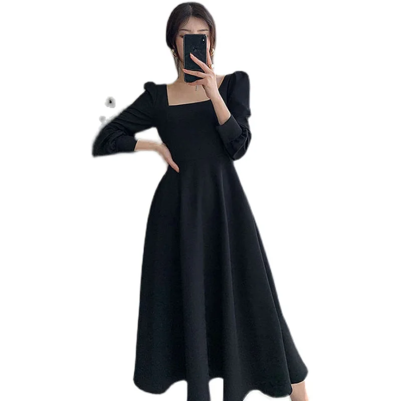 レトロなヘップバーン風スリーブレスレット女性用ロングファションレディースドレス通勤ハイウエストバブルスリーブAラインスカート