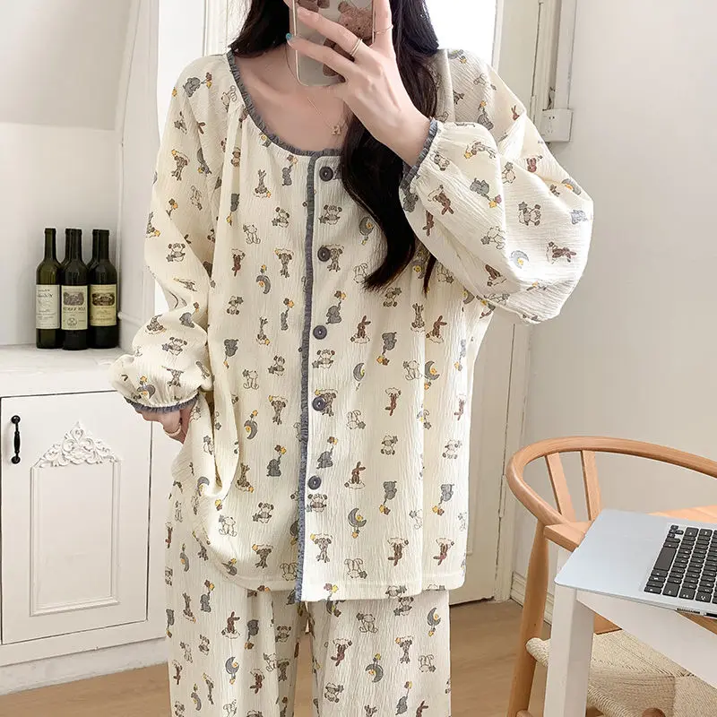 Floral Pajama Set 2024 Spring Autumn Student Long Sleeve Sweet Thin Sleepwear Women Large Size Casual Round Neck Homewear Suit