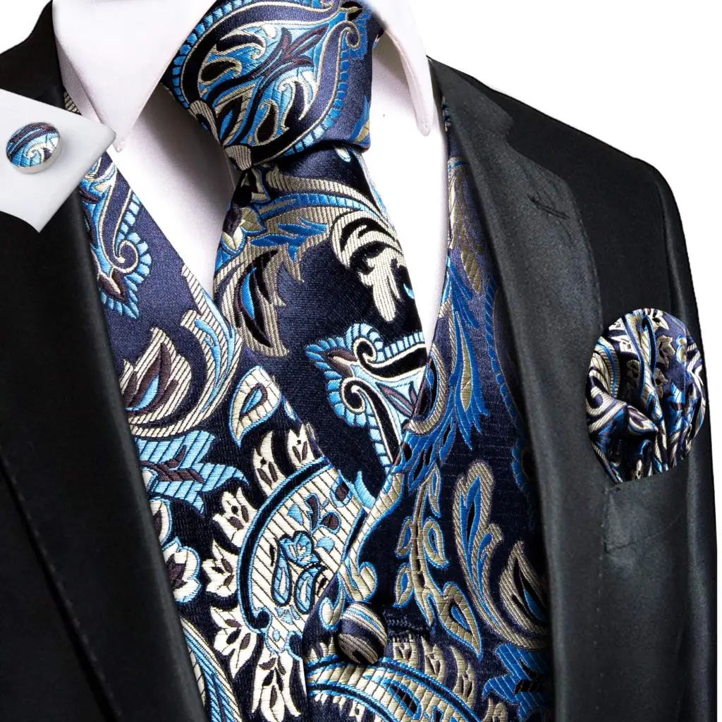 

Hi-Tie Mens Jacquard Silk Vest Hankerchief Cufflinks Set Waistcoat Jacket Necktie for Male Clothing Wedding Business