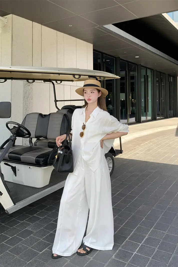 SuperAen 간단한 느슨한 패션 여성 옷깃 칼라 솔리드 컬러 셔츠 2025 여름 새로운 드레이프 캐주얼 바지 투피스 세트