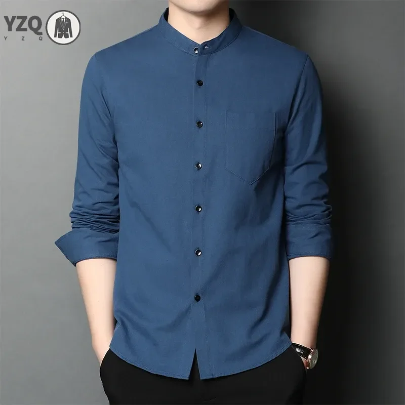 New Men\'s Standing Collar Casual Shirt Cotton Comfortable Long Sleeved Top