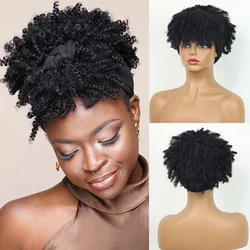 Short Kinky Curly Headband wigs Synthetic Afro Puff Curly Headband Wig For Women Turban Wrap Wig with Bangs cosplay Daily Use