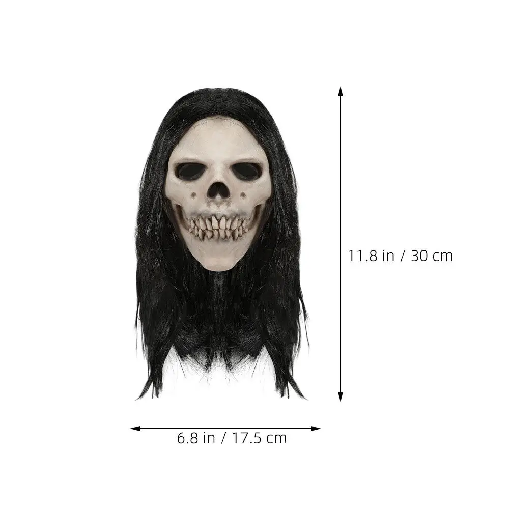 Skull Mask Halloween Realistic Latex Full Face Skull Headgear with Hair Scary Cosplay Prop for Party Haunted