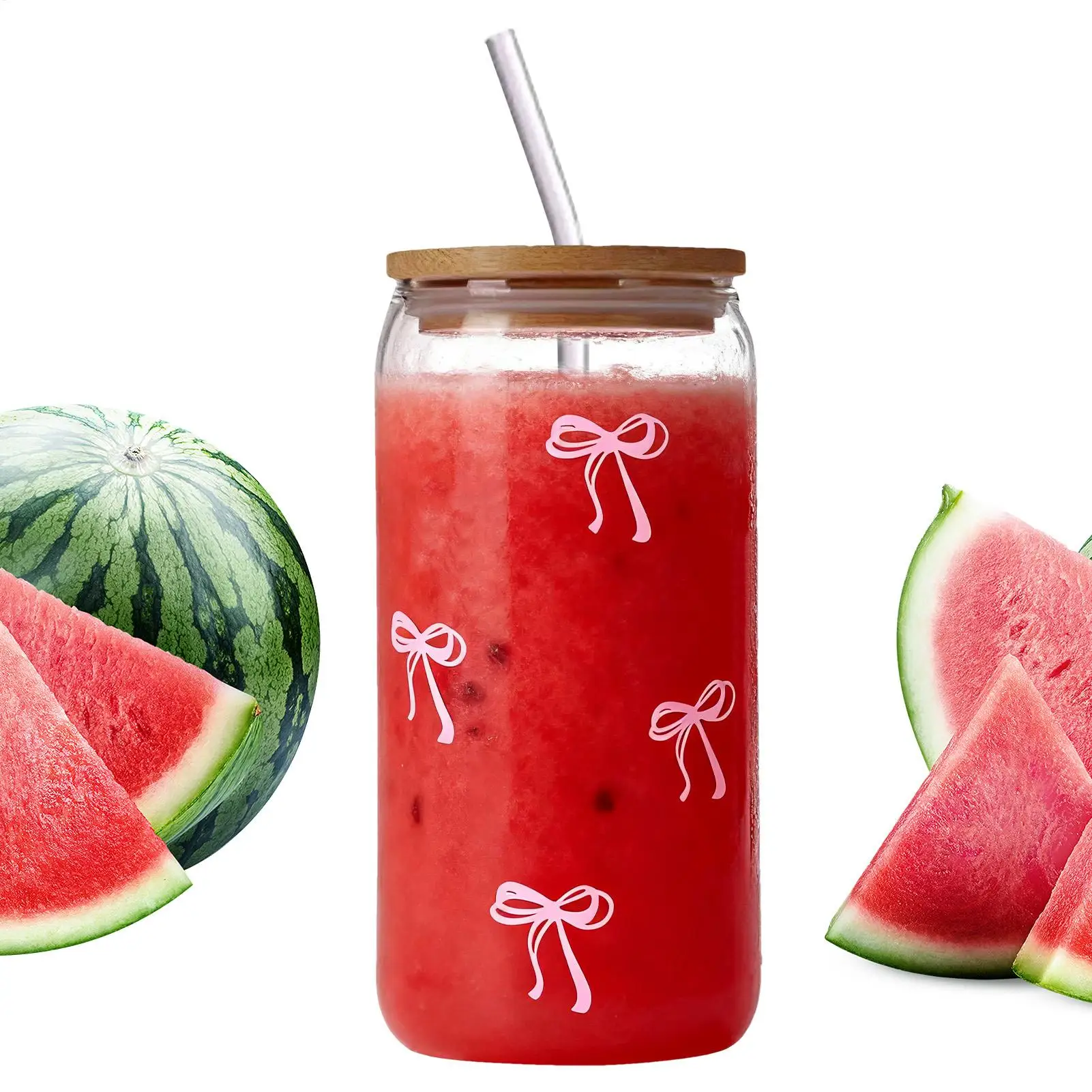 Glasbecher mit Strohhalm und Deckel, 500 ml, süßer Schleifenbecher, Trinkbecher für Eiskaffee, Cocktail, Matcha-Tee, Trinkwasser, Teenager