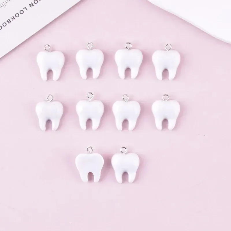 10Pcs Cute Tooth Theme Resin Charms Lovely Small White Teeth Cartoon Pendants DIY Craft Materials For Earrings Necklaces Keyring