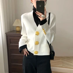 Metal Big Button Knit Cardigan Women Sweater Long Sleeves V-neck Top Coat Elegant Fashion Chic Autumn Winter Female Y2K Clothing