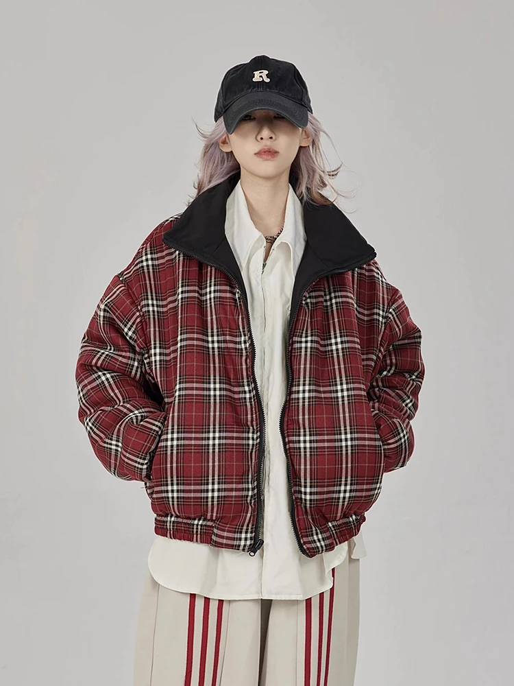 Double-sided Cropped Plaid Padded Jackets Men Loose Zipper Stand Collar Parkas Winter Woman Thicken Warm Bubble Puffer Coats New