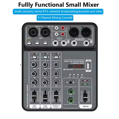 Professional Audio Mixer 4-channel Dj Mixing Console Met Bluetooth 48V Phantom Power Monitor Karaoke Systeem USB Mixer Audio