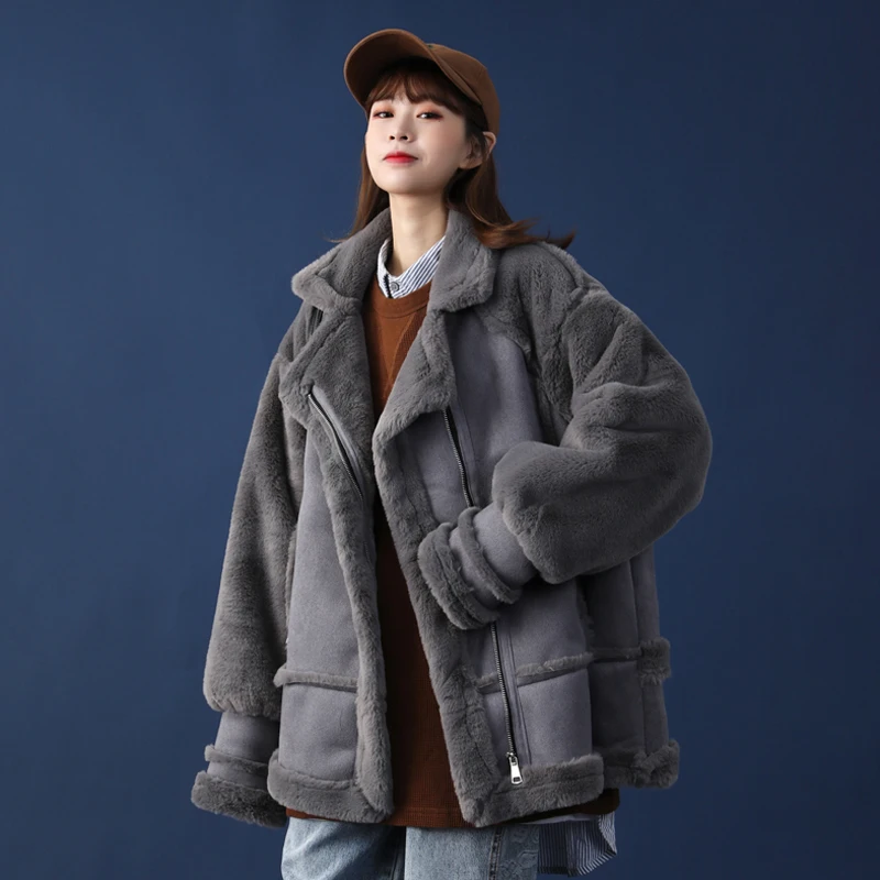 

Women Winter Lamb Wool Coat 2024 New Warm Thick Cotton Coat Female Motorcycle Overszie Fur Coat Plus Velvet Couple Winter Jacket