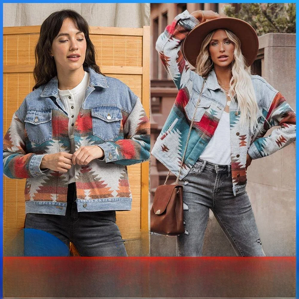 

Loose Long Sve Woolen Denim Patchwork Jaet Vintage Aztec Collar Coat Women's Faion Spring Season Polyester Fiber