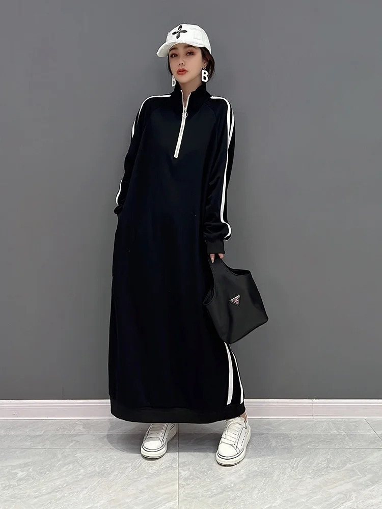 Woman Turtleneck Pullover Dress Loose Mid-length Stripe Leisure Age Reduction Dress Black 2024 Spring Autumn LX598S