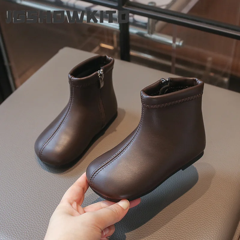 JGSHOWKITO Autumn Winter Little Girls Ankle Boots Vintage Round-toe Children Short Boots Outdoor Round-toe Kids Leather Boots