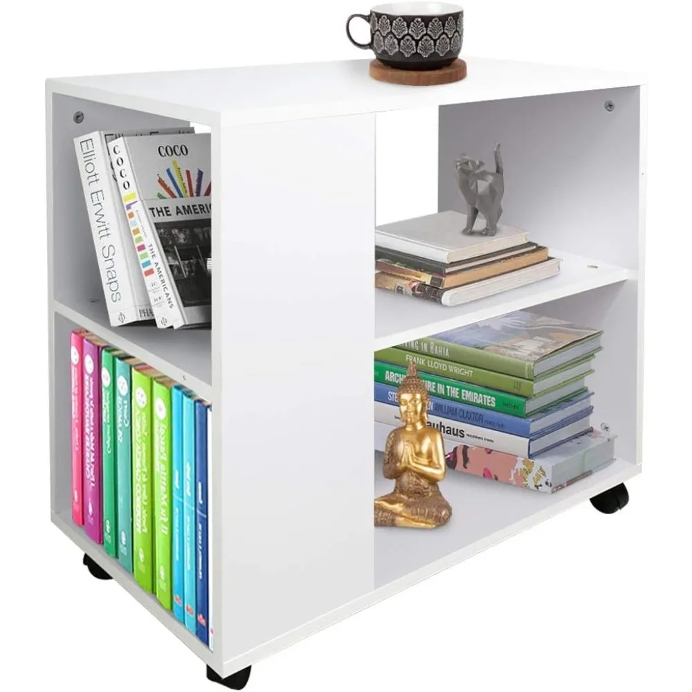 Libreria bassa con 5 ripiani con ruote in legno antigraffio con tavolino in strati di melammina, divano dal design moderno per il soggiorno