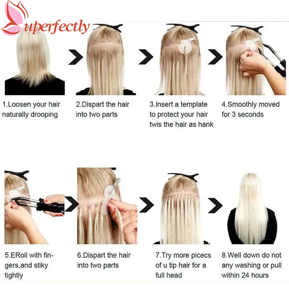 Uperfectly Nail Tip Hair Extensions Human Hair Pre Bonded Hair Extensions 14-20inch V Tip Keratin Hair Extensions for Women