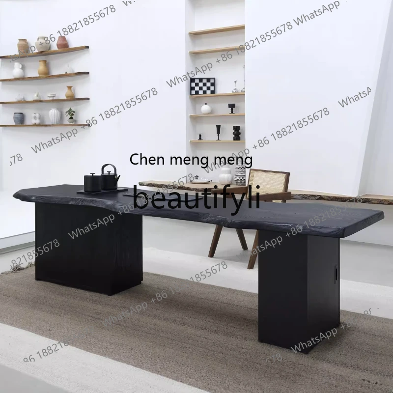 

wabi sabi medieval carbonized black solid wood tea table, designer desk log special-shaped large board tea table H