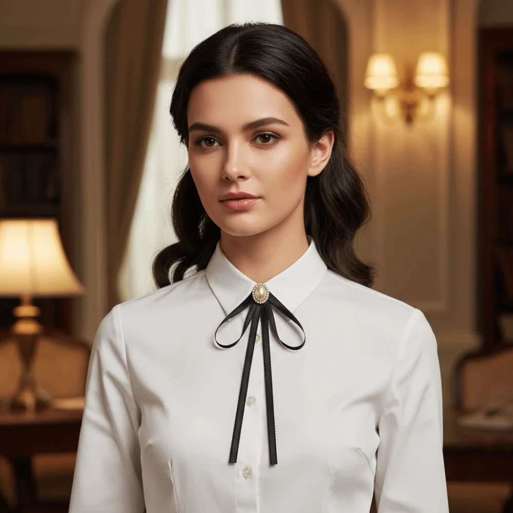 الفاخرة بلون الأسود الشريط دبوس اللؤلؤ الراين الأسود القوس ربطة العنق متعدد الطبقات لوليتا الشريط شارة بروش فتاة