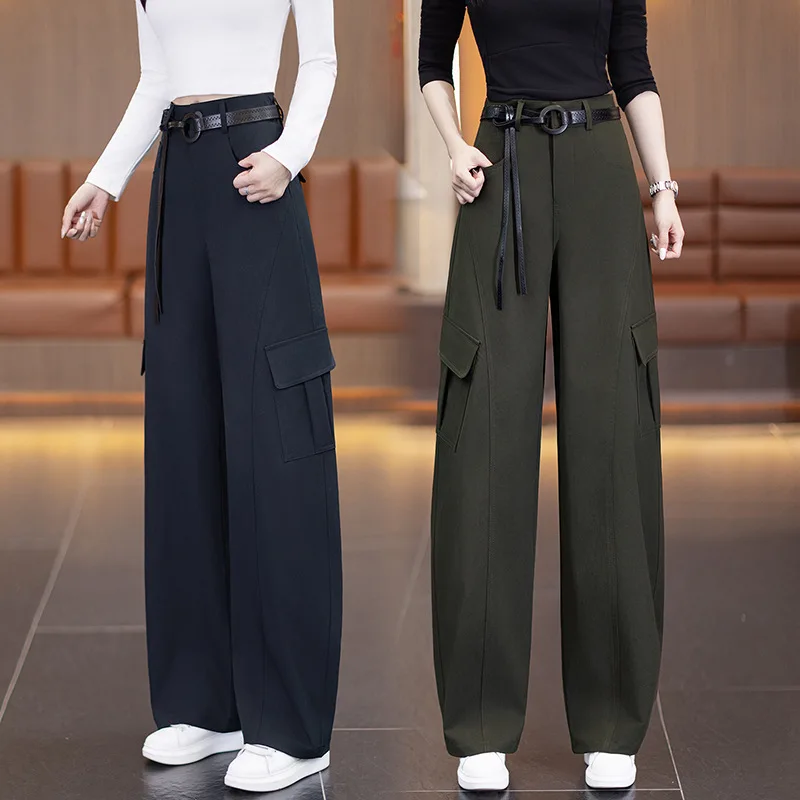 

Workwear Style High Waist Wide Leg Pants for Women, Autumn New Military Green Multi-Pocket Slimming Versatile Casual Long Pants
