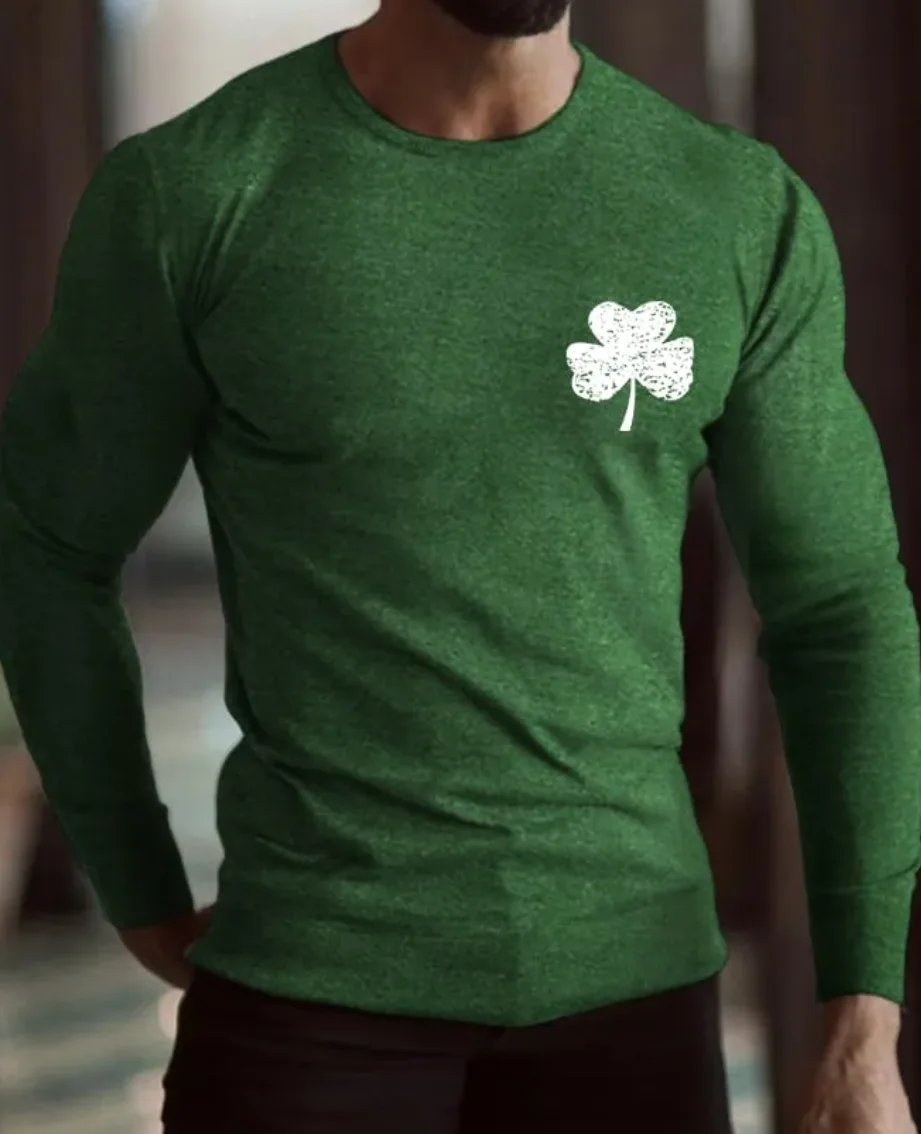 2024 New Hot Sale St Patrick's Day Man Sweatshirt Stylish Simple Clover Chest Print Gentleman Sweater All Match Fashion Boy Tops