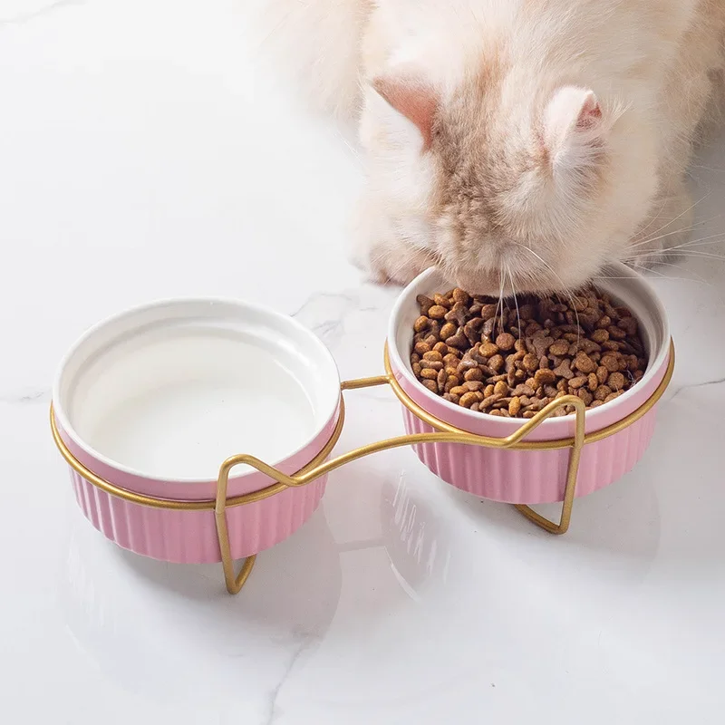 Cat Bowl Ceramic Double Water Bowl Protects Cervical Vertebrae. Cat Food Drinking Bowl Pet Diagonal Food Basin